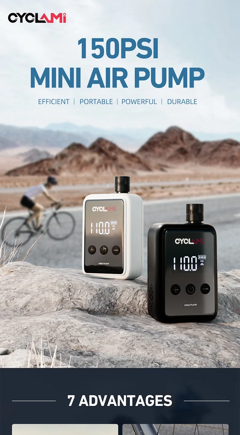 150 PSI Portable Pocket Bike Pump Electric Air Pump Rechargeable Compressor Tire Inflator For Bicycle Tire with Digital Gauge