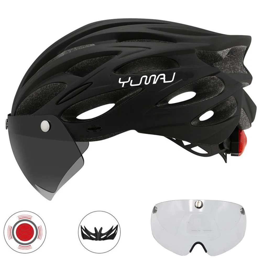 230g YUMAJ Ultralight Helmet Road Mountain Helmet Intergrally-molded with Removable Visor Goggles Bike Taillight Helmet CB-26