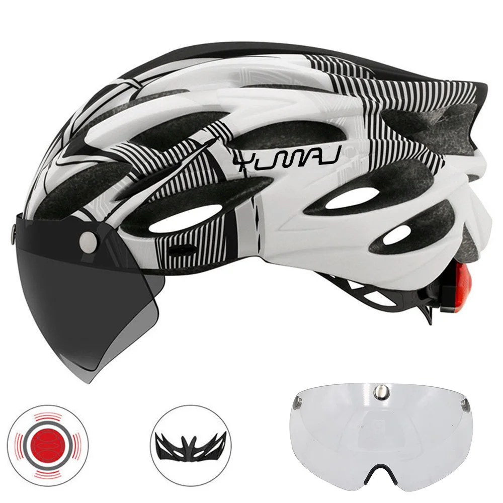 230g YUMAJ Ultralight Helmet Road Mountain Helmet Intergrally-molded with Removable Visor Goggles Bike Taillight Helmet CB-26