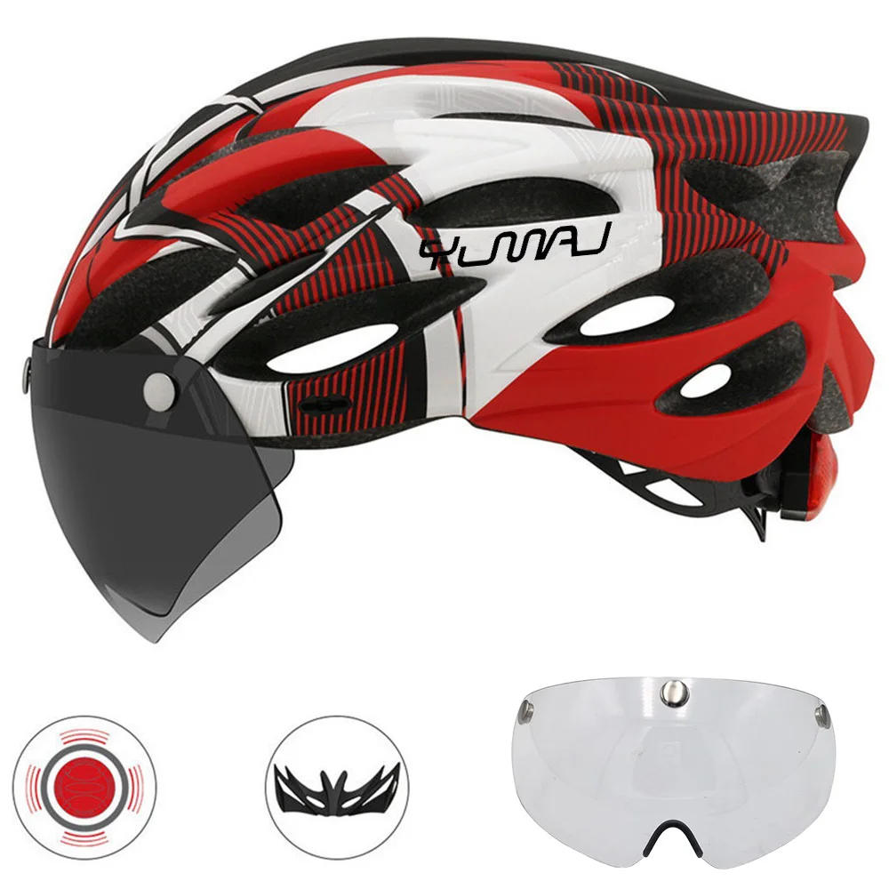 230g YUMAJ Ultralight Helmet Road Mountain Helmet Intergrally-molded with Removable Visor Goggles Bike Taillight Helmet CB-26