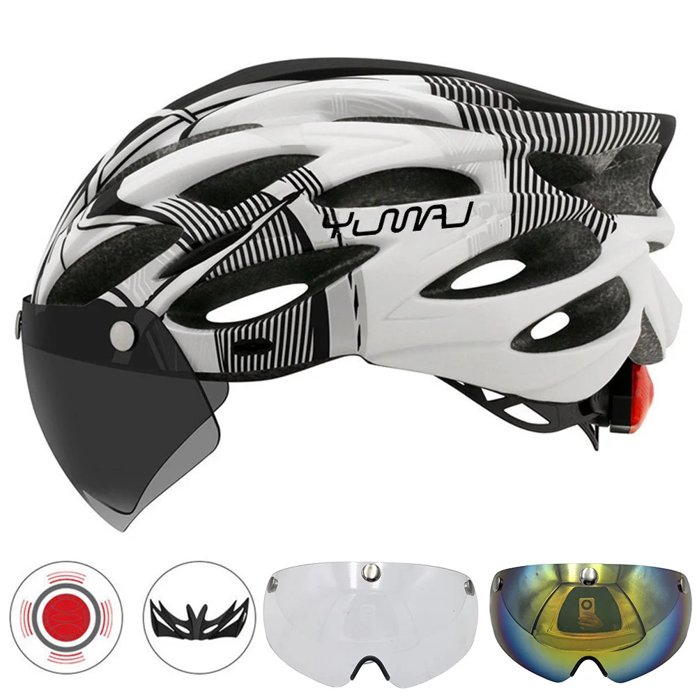 230g YUMAJ Ultralight Helmet Road Mountain Helmet Intergrally-molded with Removable Visor Goggles Bike Taillight Helmet CB-26