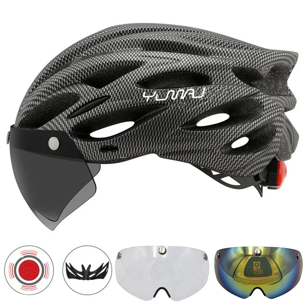 230g YUMAJ Ultralight Helmet Road Mountain Helmet Intergrally-molded with Removable Visor Goggles Bike Taillight Helmet CB-26