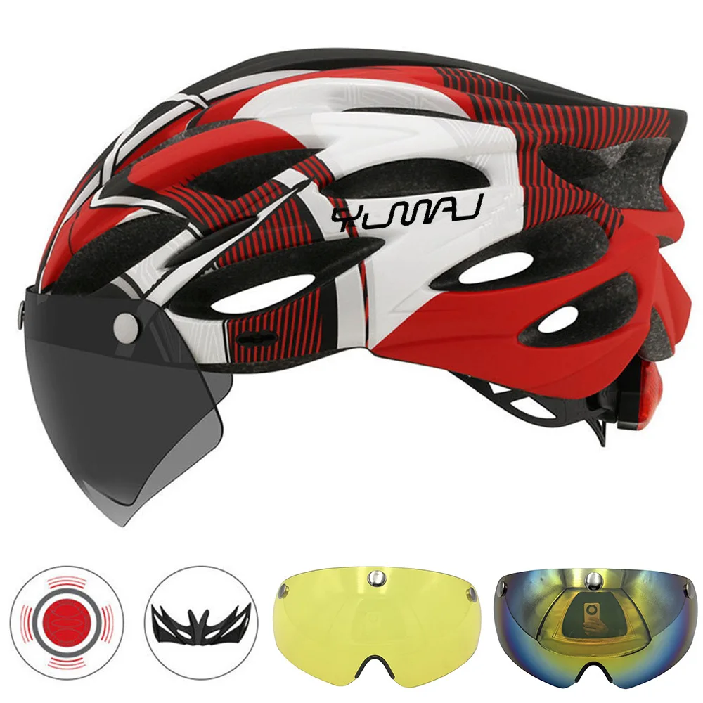 230g YUMAJ Ultralight Helmet Road Mountain Helmet Intergrally-molded with Removable Visor Goggles Bike Taillight Helmet CB-26