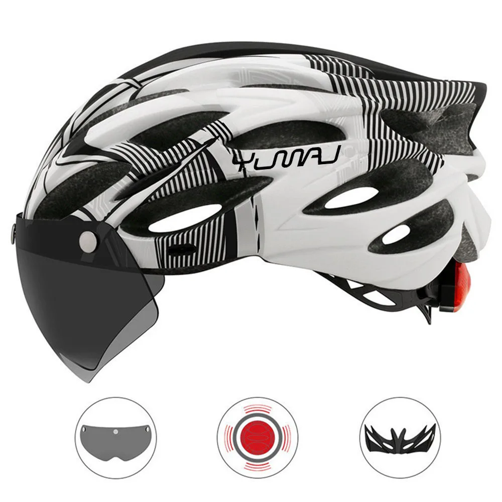 230g YUMAJ Ultralight Helmet Road Mountain Helmet Intergrally-molded with Removable Visor Goggles Bike Taillight Helmet CB-26