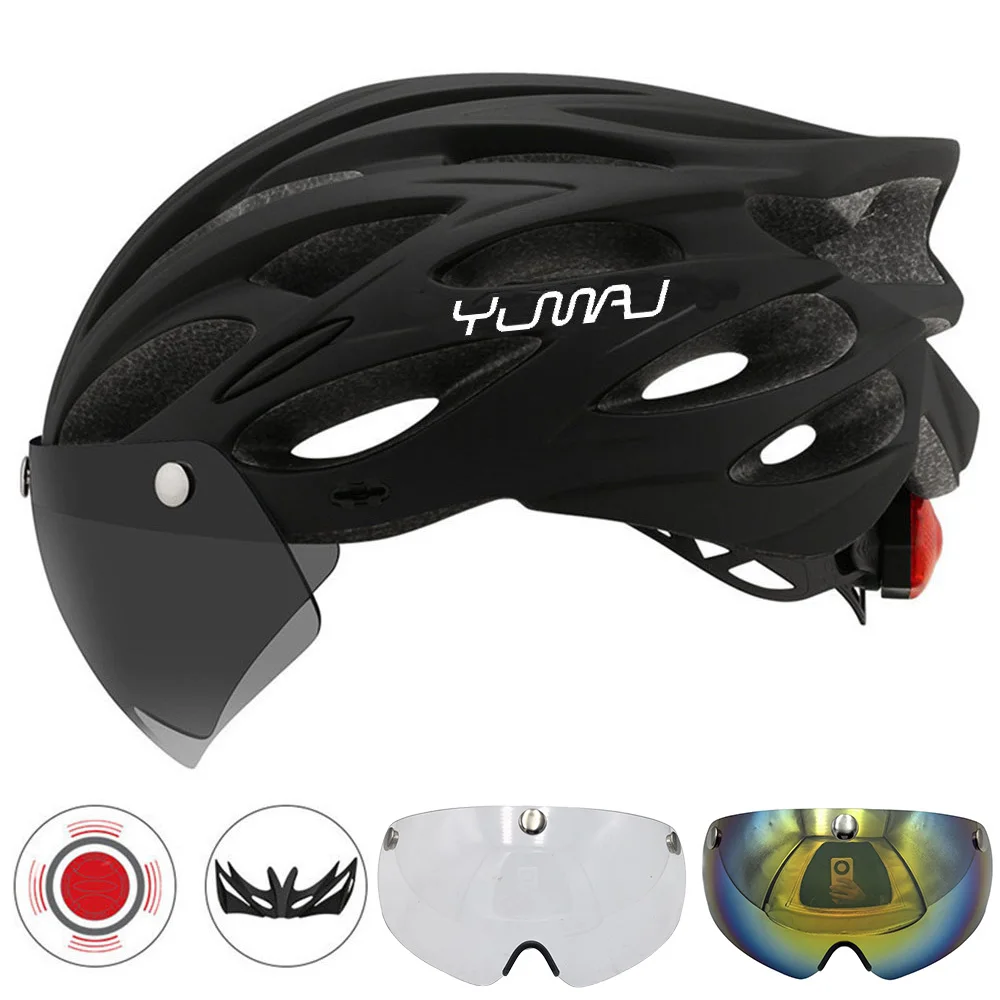 230g YUMAJ Ultralight Helmet Road Mountain Helmet Intergrally-molded with Removable Visor Goggles Bike Taillight Helmet CB-26