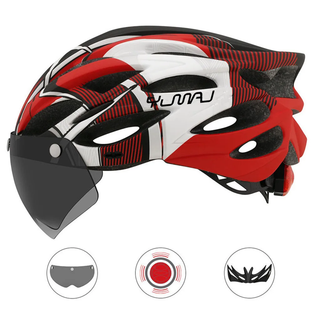 230g YUMAJ Ultralight Helmet Road Mountain Helmet Intergrally-molded with Removable Visor Goggles Bike Taillight Helmet CB-26