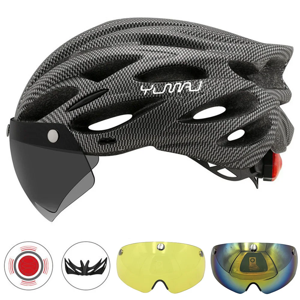 230g YUMAJ Ultralight Helmet Road Mountain Helmet Intergrally-molded with Removable Visor Goggles Bike Taillight Helmet CB-26