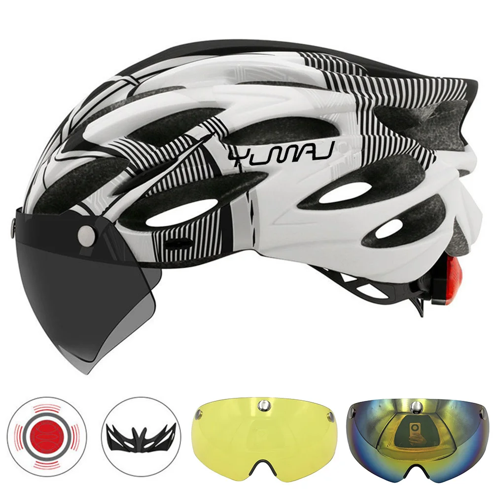 230g YUMAJ Ultralight Helmet Road Mountain Helmet Intergrally-molded with Removable Visor Goggles Bike Taillight Helmet CB-26