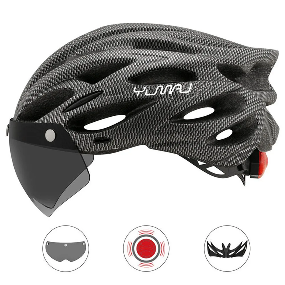230g YUMAJ Ultralight Helmet Road Mountain Helmet Intergrally-molded with Removable Visor Goggles Bike Taillight Helmet CB-26