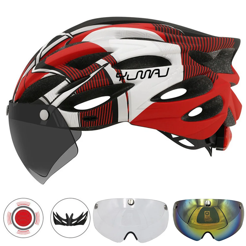 230g YUMAJ Ultralight Helmet Road Mountain Helmet Intergrally-molded with Removable Visor Goggles Bike Taillight Helmet CB-26