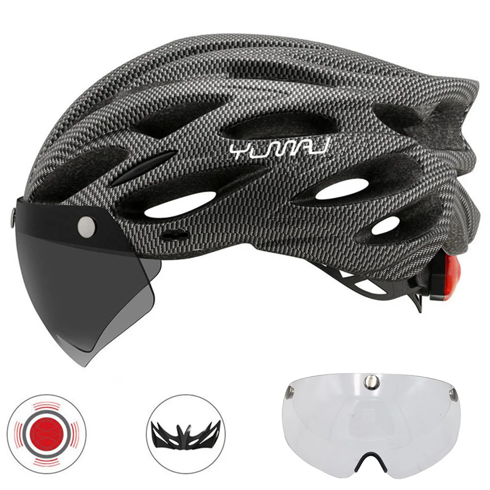 230g YUMAJ Ultralight Helmet Road Mountain Helmet Intergrally-molded with Removable Visor Goggles Bike Taillight Helmet CB-26