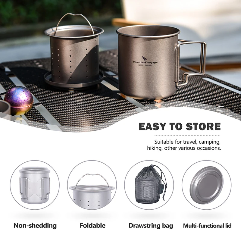 Boundless Voyage 420ml Titanium Mug with Strainer & Lid Lightweight Camping Single Layer Tea Cup with Filter Outdoor Drinkware