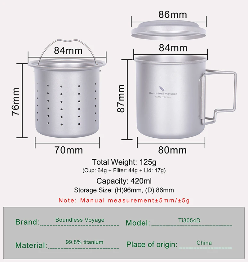 Boundless Voyage 420ml Titanium Mug with Strainer & Lid Lightweight Camping Single Layer Tea Cup with Filter Outdoor Drinkware