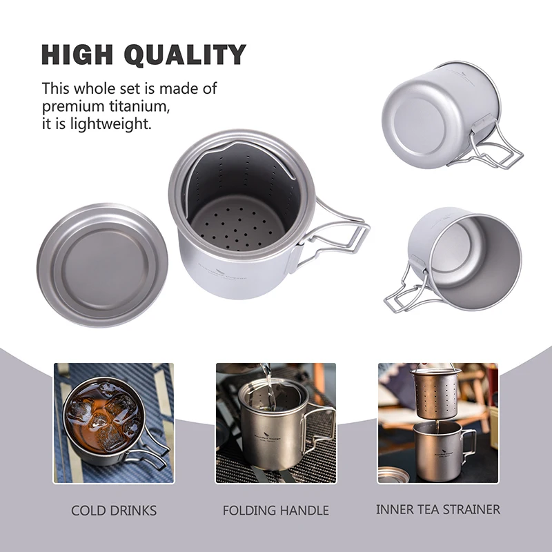 Boundless Voyage 420ml Titanium Mug with Strainer & Lid Lightweight Camping Single Layer Tea Cup with Filter Outdoor Drinkware