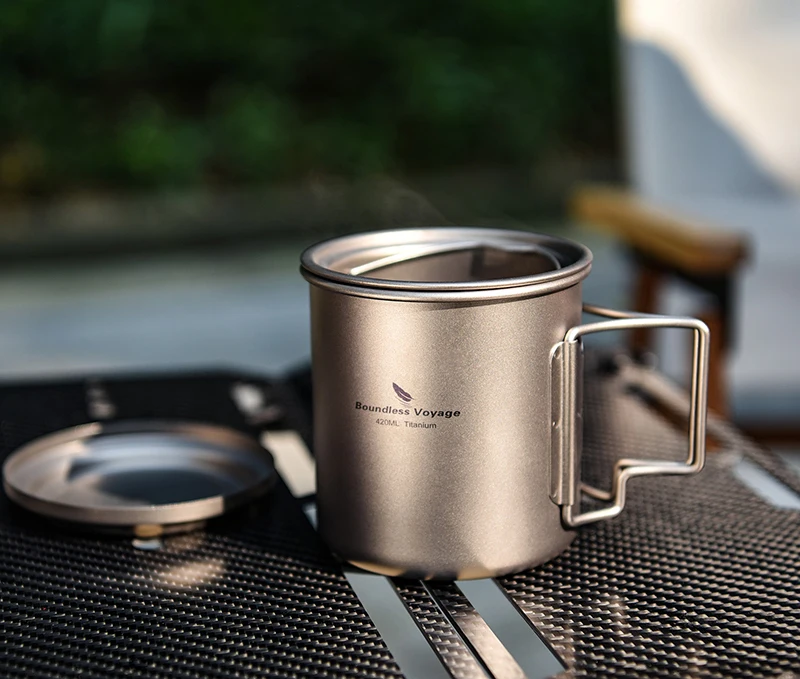 Boundless Voyage 420ml Titanium Mug with Strainer & Lid Lightweight Camping Single Layer Tea Cup with Filter Outdoor Drinkware