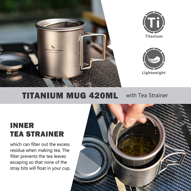 Boundless Voyage 420ml Titanium Mug with Strainer & Lid Lightweight Camping Single Layer Tea Cup with Filter Outdoor Drinkware