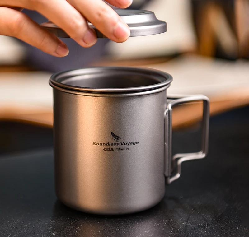 Boundless Voyage 420ml Titanium Mug with Strainer & Lid Lightweight Camping Single Layer Tea Cup with Filter Outdoor Drinkware