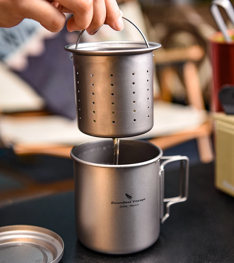 Boundless Voyage 420ml Titanium Mug with Strainer & Lid Lightweight Camping Single Layer Tea Cup with Filter Outdoor Drinkware