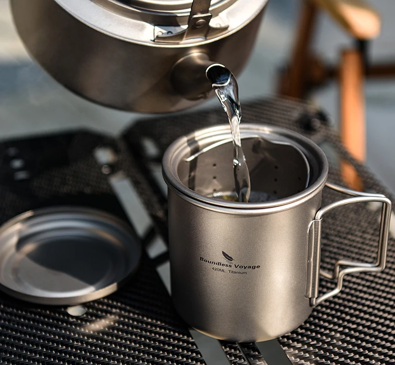 Boundless Voyage 420ml Titanium Mug with Strainer & Lid Lightweight Camping Single Layer Tea Cup with Filter Outdoor Drinkware