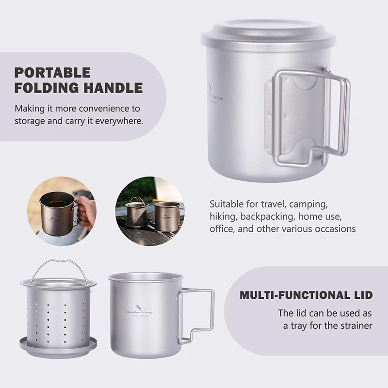 Boundless Voyage 420ml Titanium Mug with Strainer & Lid Lightweight Camping Single Layer Tea Cup with Filter Outdoor Drinkware