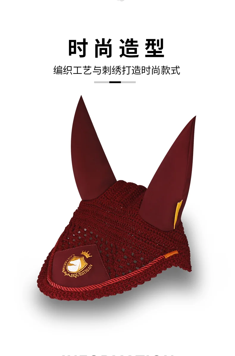 Cavassion Equestrian Horse Ear Cover Flying protection Wind Red Horse Ear Mask Embrodery Black Kniting Horse ear cover