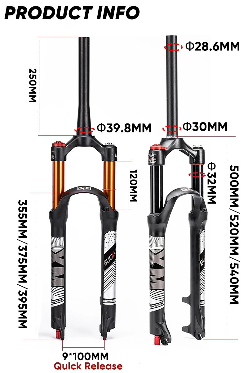 BUCKLOS Mountain Bike Air Fork 9*100mm Bicycle Air Suspension Fork Travel 120mm Straight/Tapered Tube MTB Fork Disc Brake RL/LO