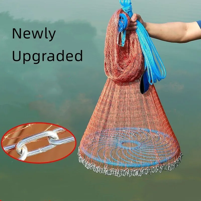 4.2M-7.2M Fishing Net Upgraded Korean Small Mesh Hole Steel Chain Sinkers Hand Cast Net Easy Throw Fishing Net Fishing Tools