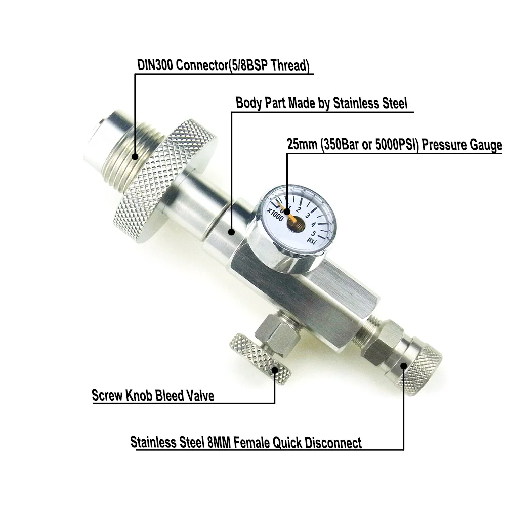 Din Diving HPA Fill Station Refill Charging Adapter With Quick Disconnect Stainless Steel Big Bottle To Small Bottle Adaptor