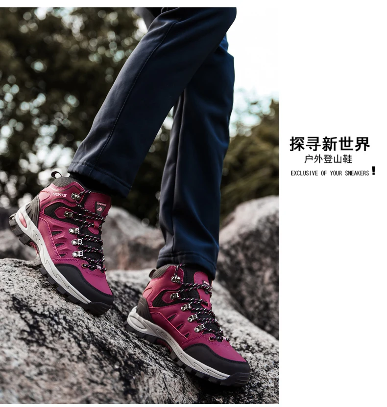 Large Size Outdoor Hiking Boots Men Women Non Slip Lace Up Climbing Winter Black Warm Fur Sneakers Size 42 Trekking Hiking Shoe