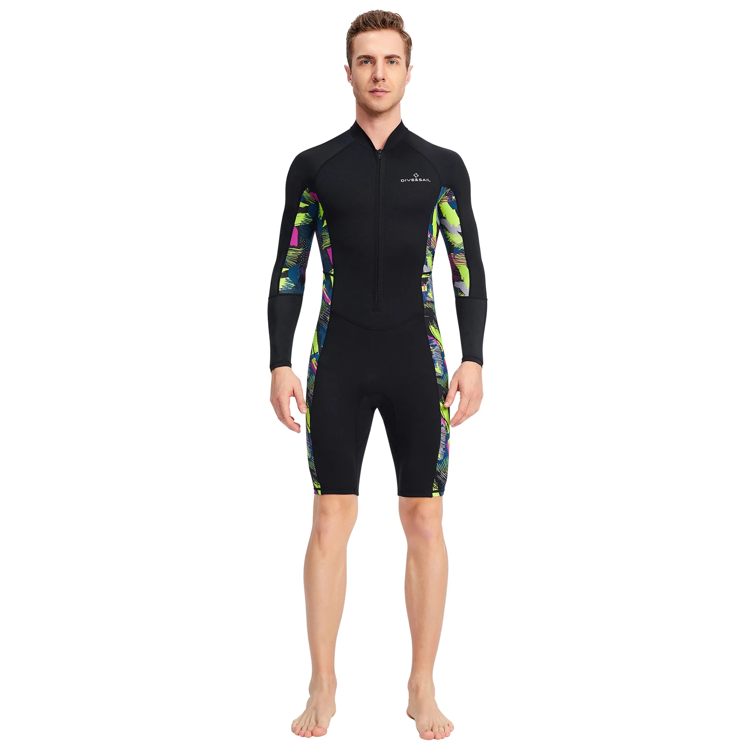 1.5mm Neoprene Shorty Mens Wetsuit UV-proof Front Zip Lycra Long Sleeves Diving Suit for Underwater Snorkeling Swimming Surfing