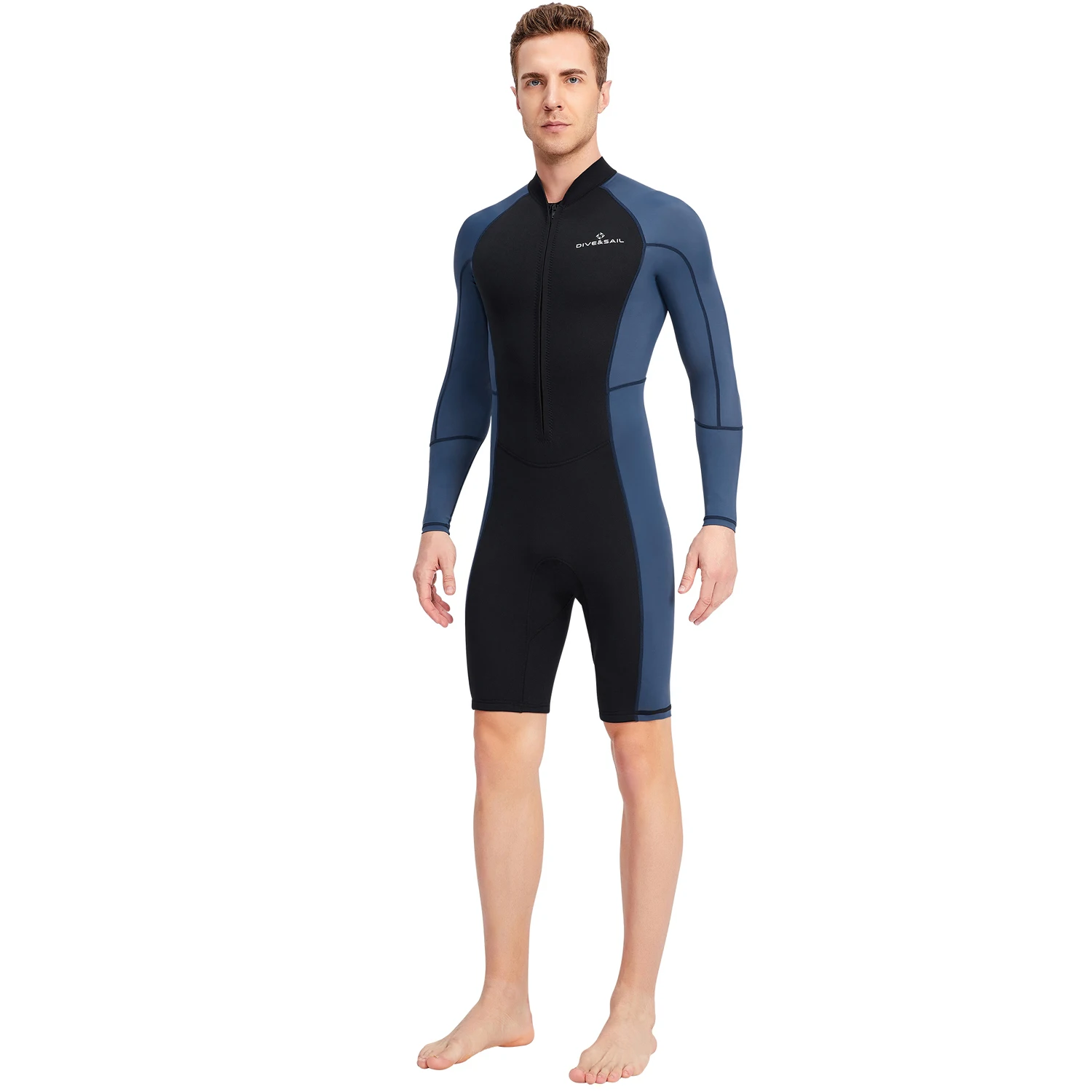 1.5mm Neoprene Shorty Mens Wetsuit UV-proof Front Zip Lycra Long Sleeves Diving Suit for Underwater Snorkeling Swimming Surfing