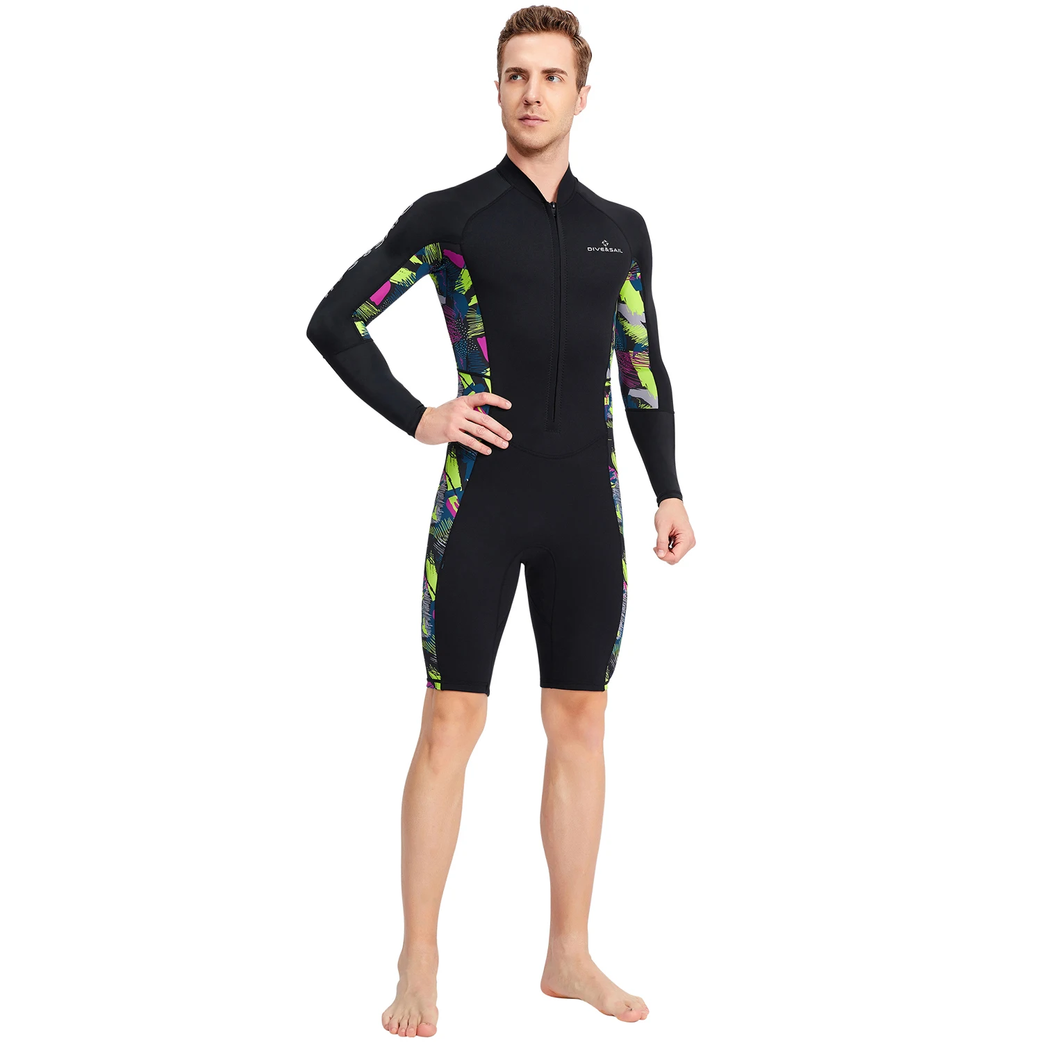 1.5mm Neoprene Shorty Mens Wetsuit UV-proof Front Zip Lycra Long Sleeves Diving Suit for Underwater Snorkeling Swimming Surfing