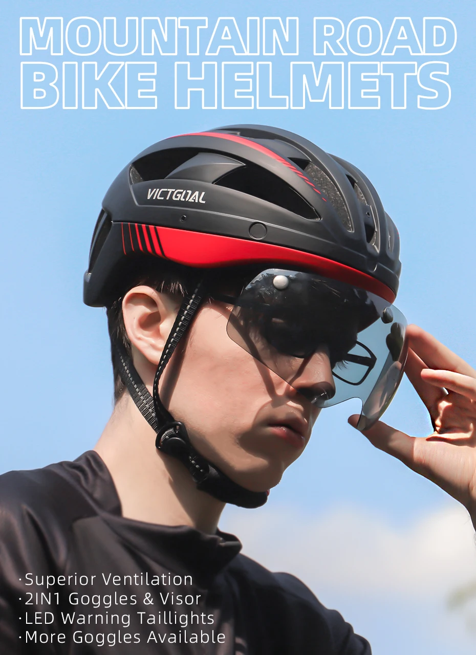 VICTGOAL MTB Bike Helmet for Men Women Visor Goggles LED Rear Light Mountain Road Bicycle Helmets Racing Cycling Safety Riding