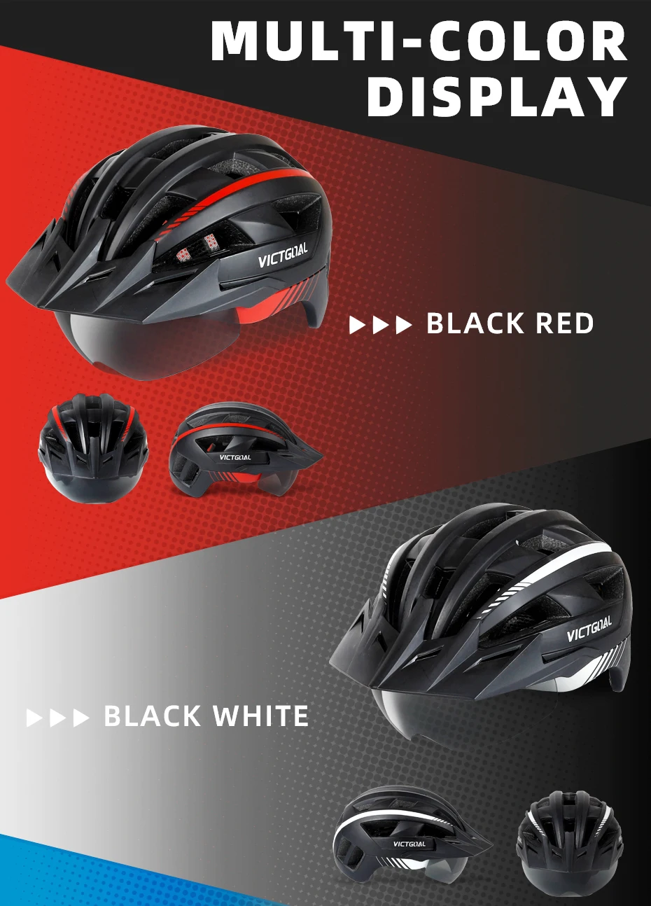 VICTGOAL MTB Bike Helmet for Men Women Visor Goggles LED Rear Light Mountain Road Bicycle Helmets Racing Cycling Safety Riding