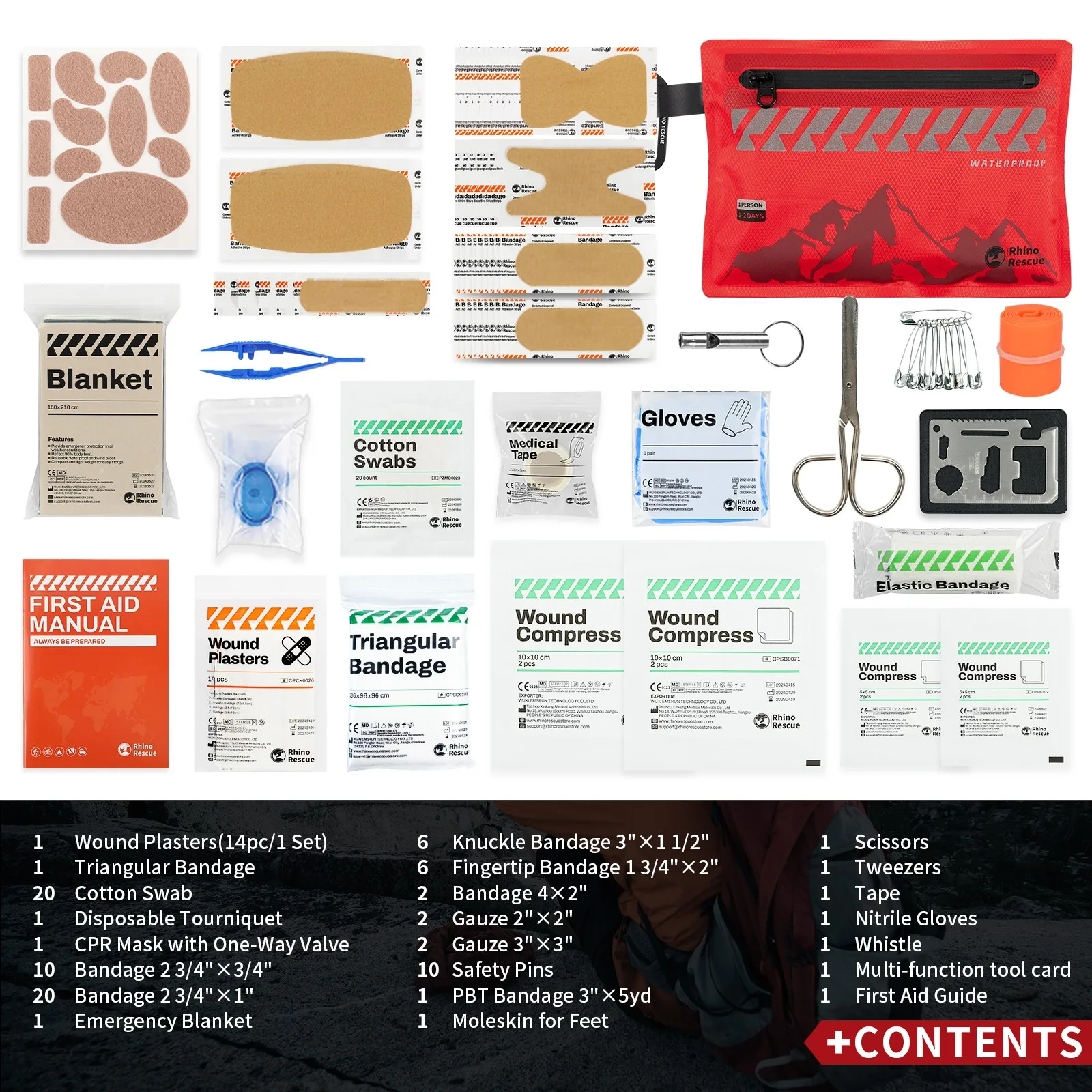 RHINO RESCUE Mini First Aid Kit Ultralight Waterproof Medical Kit for Hiking Camping Backpacking Cycling Travel Vehicles 105PC