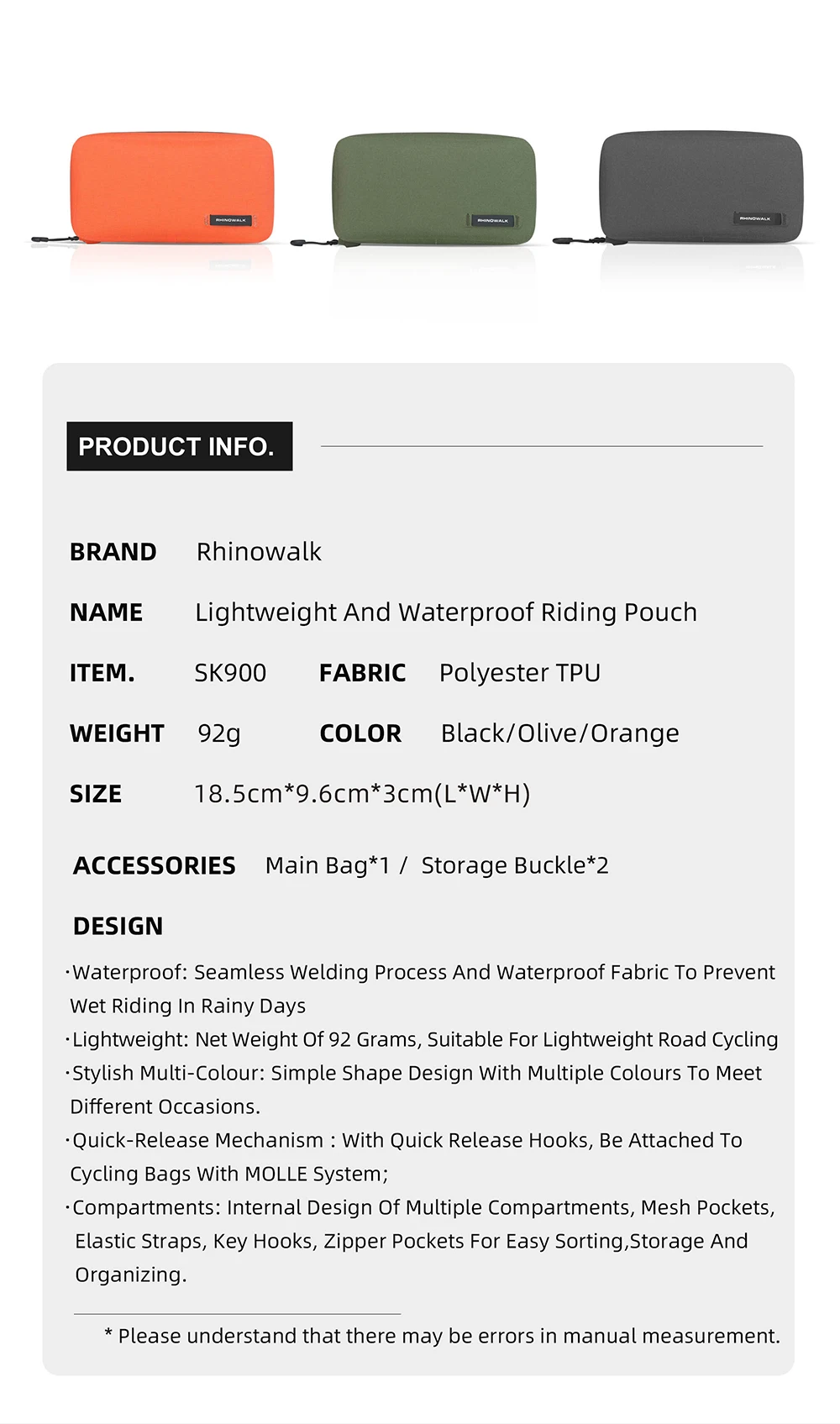Rhinowalk Riding Pouch Waterproof Lightweight Cycling Handbag Clothing Pack Quick Release Riding Portable Tool Bag Case