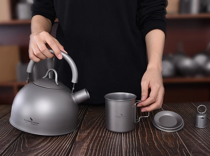 Boundless Voyage Camping Tableware Titanium Kettle 2L Large Capacity Outdoor Travel Picnic Water Jug Tea Pot Whistling