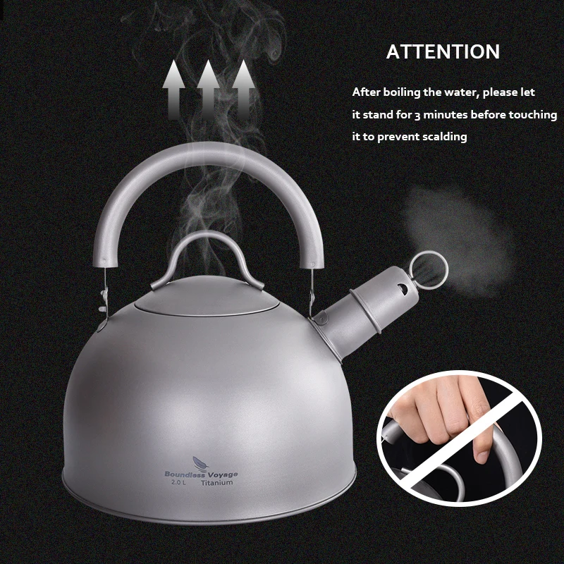 Boundless Voyage Camping Tableware Titanium Kettle 2L Large Capacity Outdoor Travel Picnic Water Jug Tea Pot Whistling