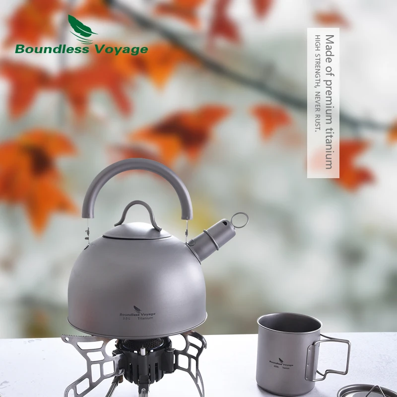 Boundless Voyage Camping Tableware Titanium Kettle 2L Large Capacity Outdoor Travel Picnic Water Jug Tea Pot Whistling