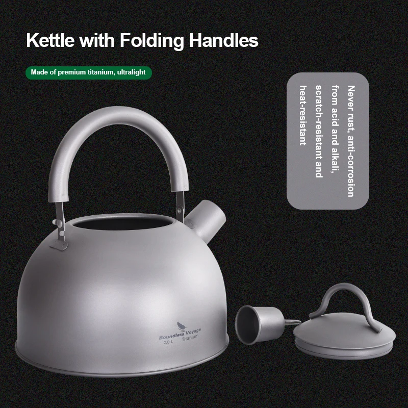 Boundless Voyage Camping Tableware Titanium Kettle 2L Large Capacity Outdoor Travel Picnic Water Jug Tea Pot Whistling