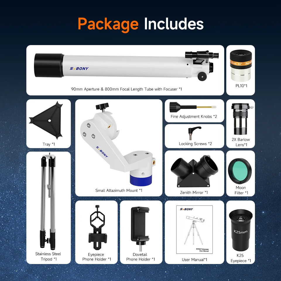 Svbony SV520 90mm Refractor Astronomy Telescope Set for Adults and Beginners Professional Observing the Moon Photography