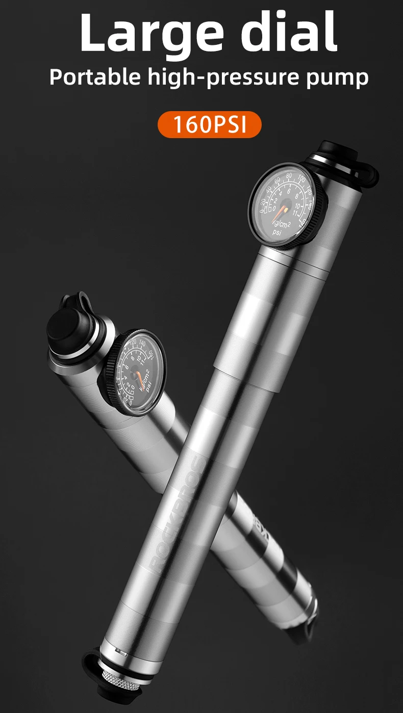 ROCKBROS 160psi Bike Pump Air Pressure Barometer Bicycle Inflator Aluminum Alloy MTB Road Motorcycle FV AV Portable Cycling Pump