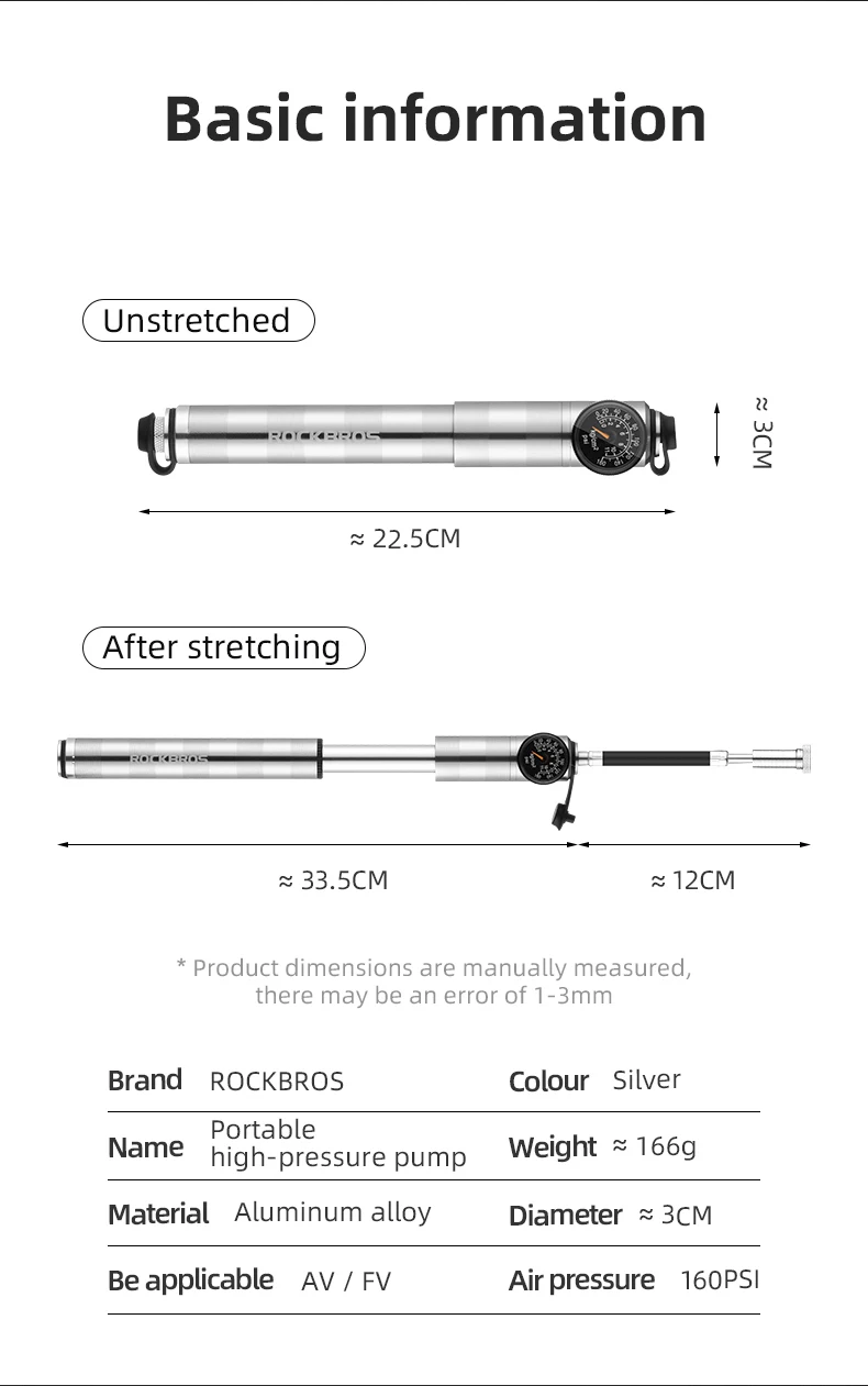 ROCKBROS 160psi Bike Pump Air Pressure Barometer Bicycle Inflator Aluminum Alloy MTB Road Motorcycle FV AV Portable Cycling Pump