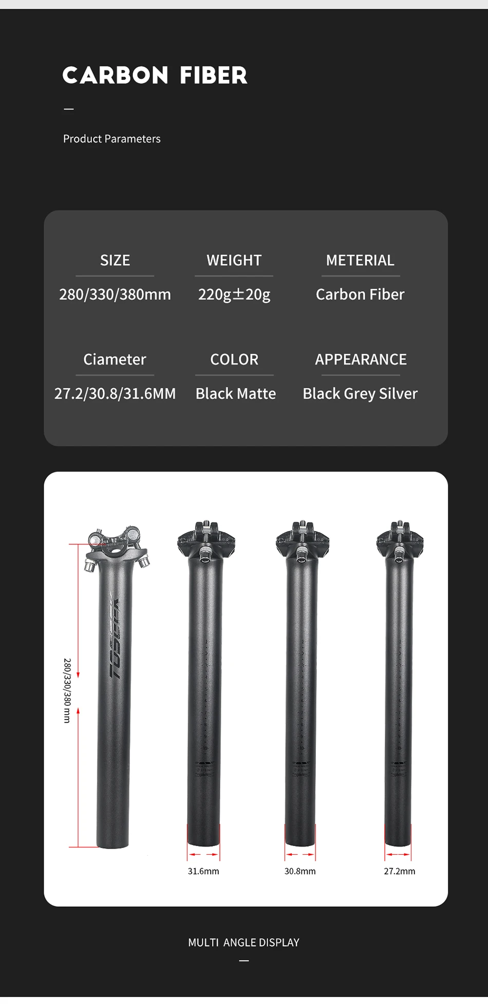 TOSEEK ZF-One Carbon Seatpost 27.2/30.8/31.6mm Matte Black MTB/Road Bike Seat Post Length 280mm Seat Tube Bicycle Parts
