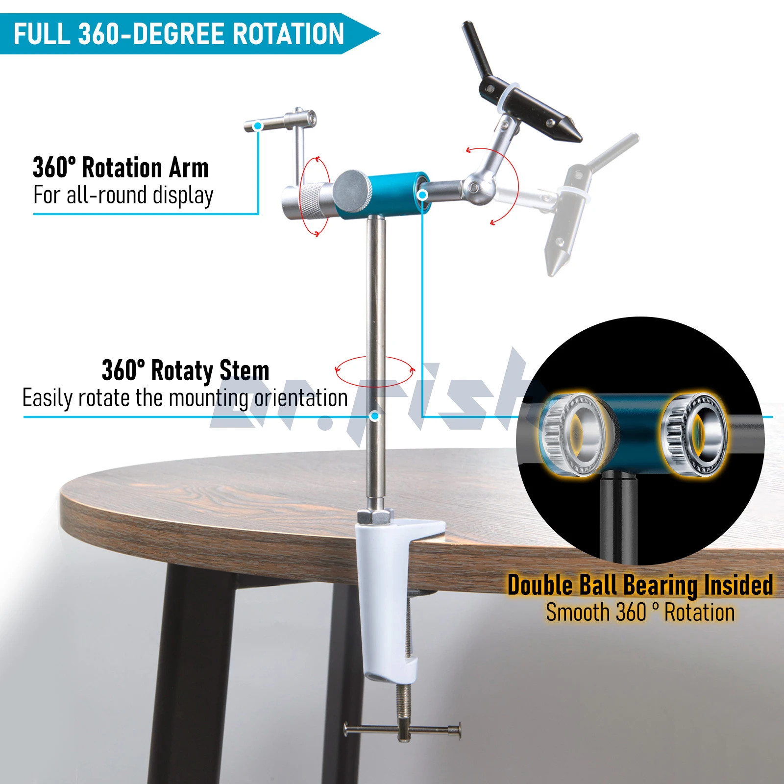 360 Degree Rotary Fly Tying Vise Stainless Steel Aluminum C-Clamp Mount 40Cr Hard Jaws Fishing Flies Tying Tool Material