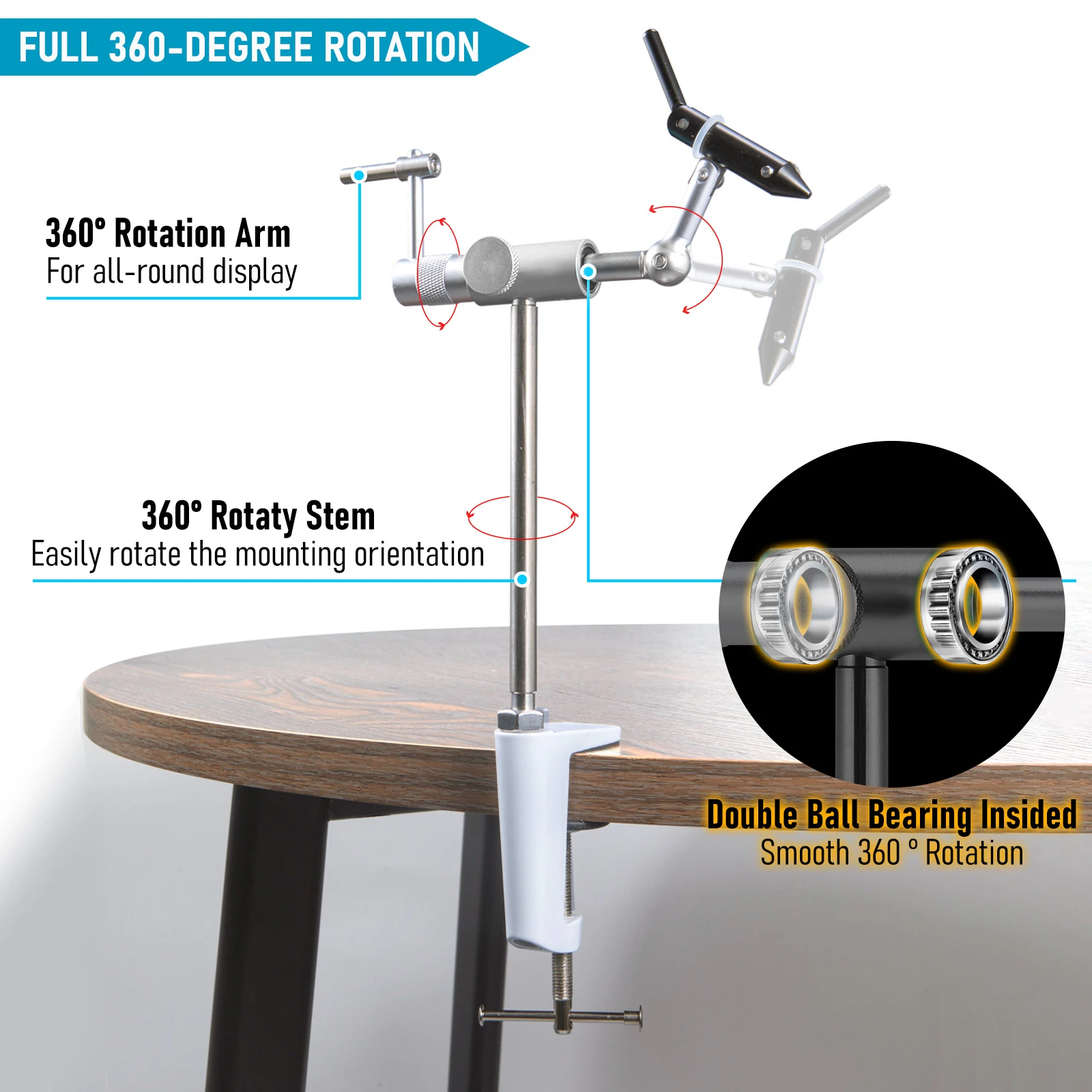 360 Degree Rotary Fly Tying Vise Stainless Steel Aluminum C-Clamp Mount 40Cr Hard Jaws Fishing Flies Tying Tool Material