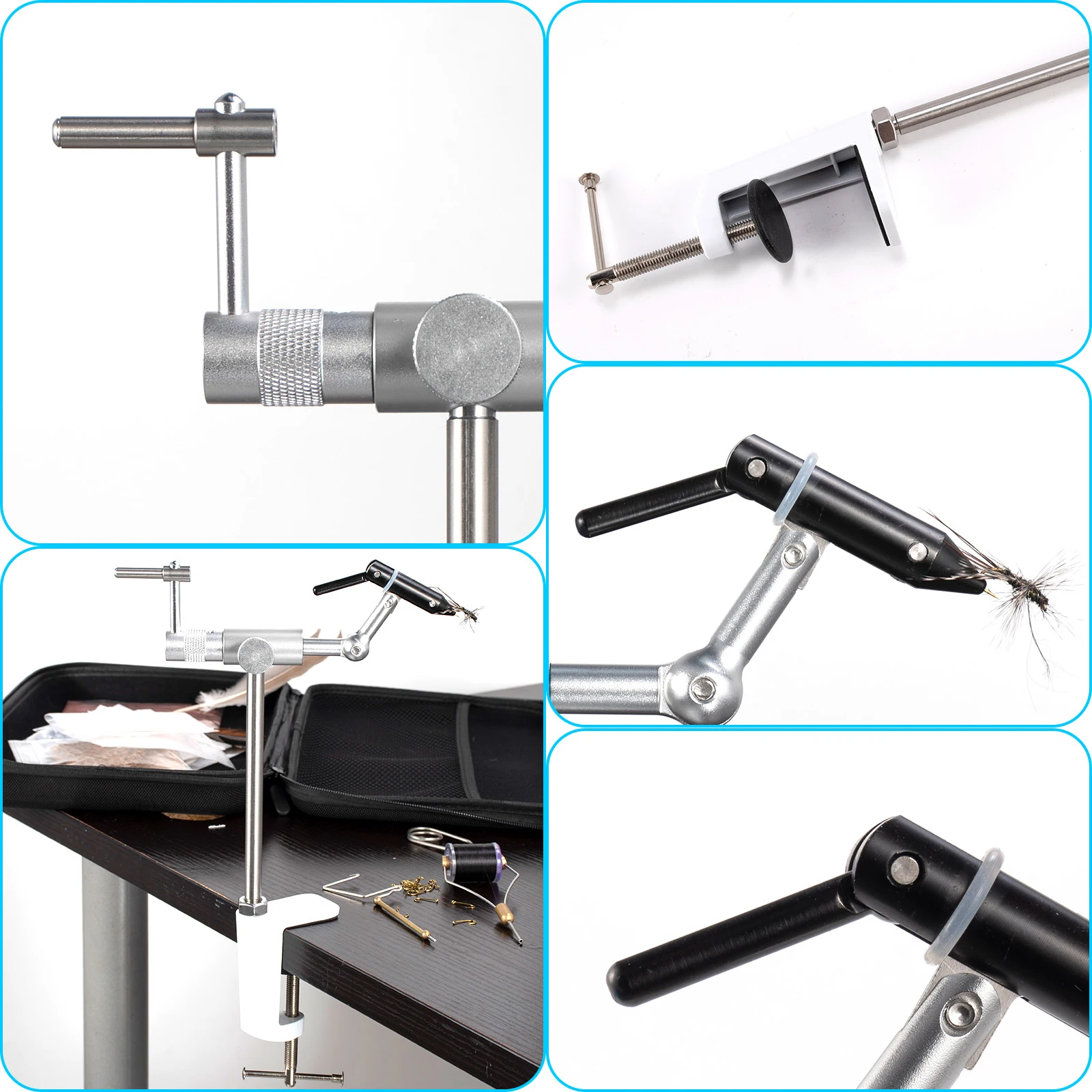 360 Degree Rotary Fly Tying Vise Stainless Steel Aluminum C-Clamp Mount 40Cr Hard Jaws Fishing Flies Tying Tool Material