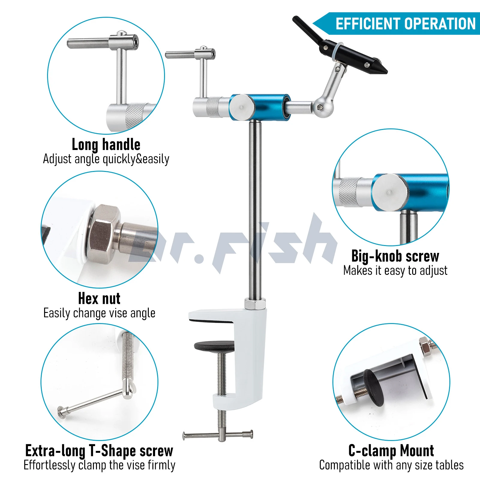 360 Degree Rotary Fly Tying Vise Stainless Steel Aluminum C-Clamp Mount 40Cr Hard Jaws Fishing Flies Tying Tool Material