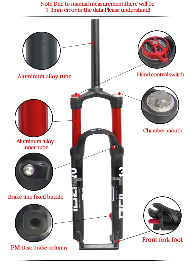 BOLANY MTB Bike Fork Dual Air Damping MTB Suspension Straight Tube 26 27.5 29 Inch Magnesium Alloy Quick Release 100mm