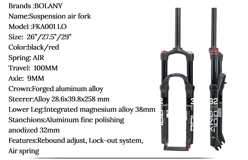 BOLANY MTB Bike Fork Dual Air Damping MTB Suspension Straight Tube 26 27.5 29 Inch Magnesium Alloy Quick Release 100mm